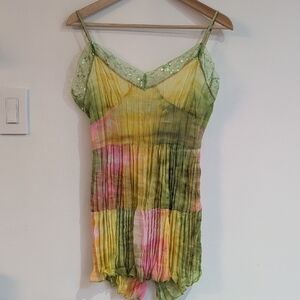 Vintage Y2K Sheer Green Multi-Color Pleated Camisole Tank Top Size L